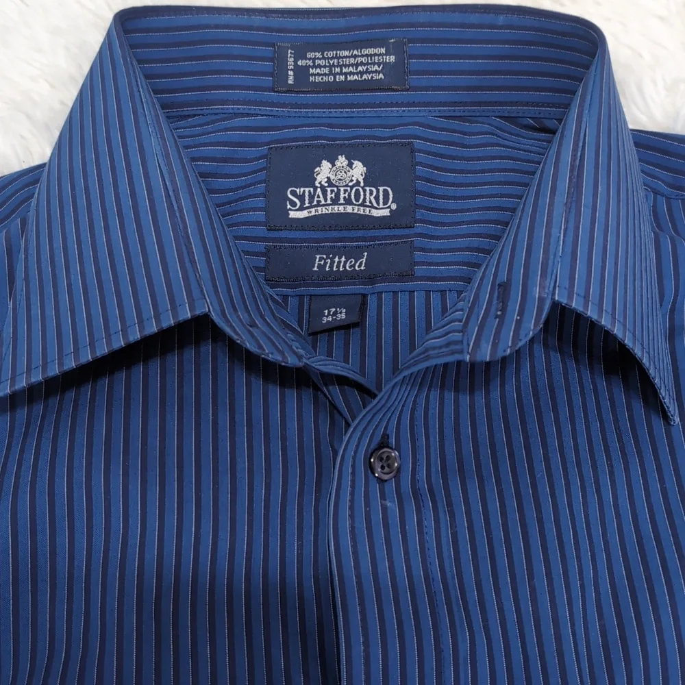 Men's Stafford Blue & Black Pinstripe Fitted Dress Shirt 17-1/2 34-35
